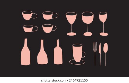 Collection of different cups, glasses, bottles and cutlery.