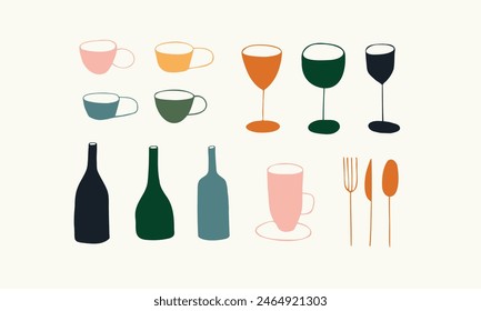 Collection of different cups, glasses, bottles and cutlery. Vector flat illustration.