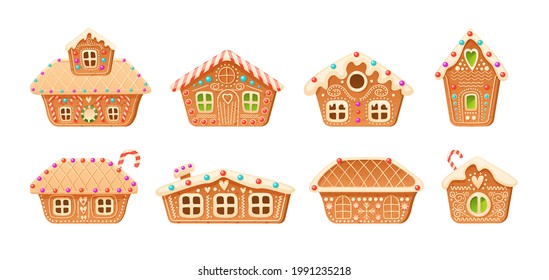 Collection different cute gingerbread christmas winter houses. Set of holiday candy cookies in buildings shapes. Sweet baking dessert village cottage covered by snow icing on roofs vector illustration