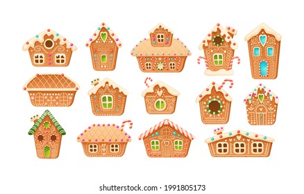 Collection different cute gingerbread christmas winter houses. Set of holiday candy cookies in buildings shapes. Sweet baking dessert village cottage covered by snow icing on roofs vector illustration