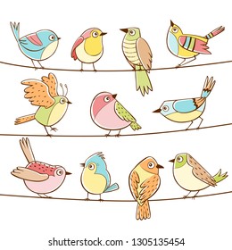 Collection of different cute little birds laid on a string. Colorful hand drawn little birds. Vector illustration.