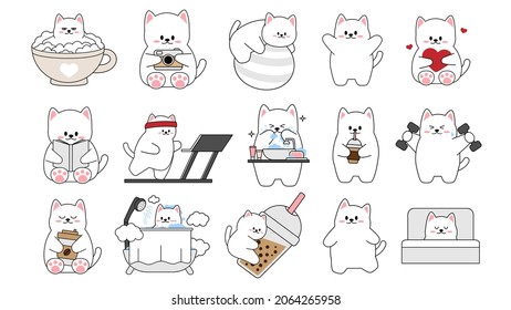 Collection of different cute little cats on a white background. Kawaii set of funny animal characters design in cartoon style. Pet cat. Baby stickers. Vector illustration