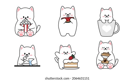 Collection of different cute little cats on a white background. Kawaii set of funny animal characters design in cartoon style. Pet cat. Baby stickers. Vector illustration