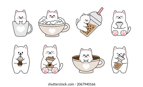 Collection of different cute little cats on a white background. Kawaii set of funny animal characters design in cartoon style. Pet cat. Baby stickers. Vector illustration