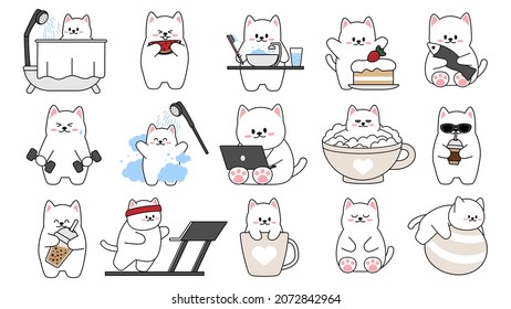 Collection Of Different Cute Little Cats On A White Background. Kawaii Set Of Funny Animal Characters Design In Cartoon Style. Pet Cat. Baby Stickers. Vector Illustration