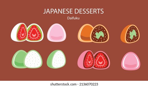 Colección de diferentes daifuku mochi: fresa, chocolate, menta. Delicioso desierto