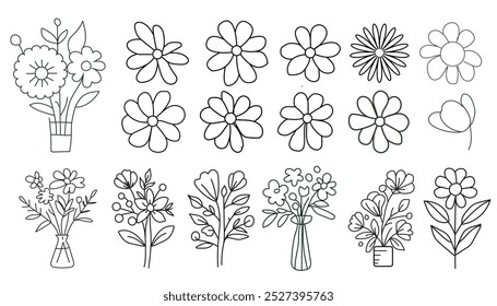 Colección de diferentes flores de margarita y ramo, líneas botánicas arte flor silvestre, dibujo de contorno minimalista de flower.Thin líneas dibujo de flor botánica.