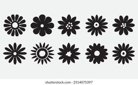 Coleção de diferentes margaridas e ícone de flor selvagem, ilustração em preto e branco, desenho de silhueta abstrato. Perfeito para branding, esta ilustração.