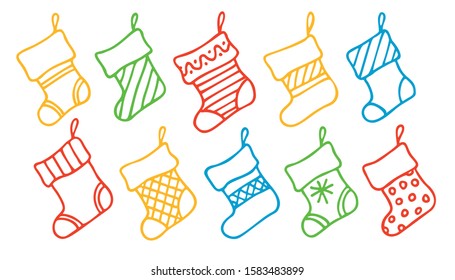 Collection of different decorative Christmas socks, color line graphic on white background