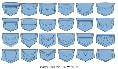 Collection of different denim jean back pocket designs and stitching variations for apparel manufacturing and fashion design concepts