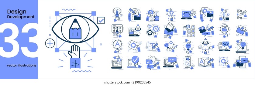 Collection of different design and development scenes and situations. Human hands with icons and images. Graphic and web design and development, social media, creative process, app development.