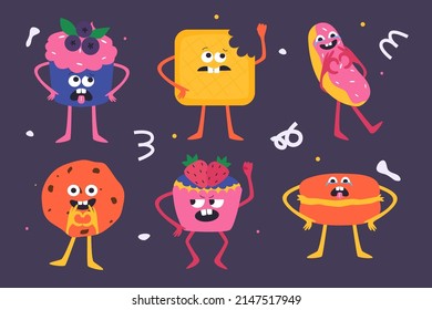 Collection of different desserts with different emotions. Vector illustration.