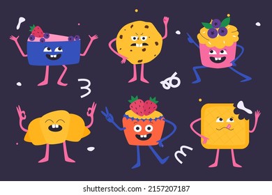 Colección de postres con caras. Diferentes emociones. Ilustración vectorial.