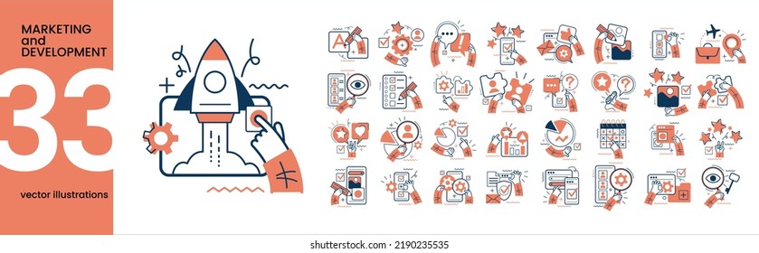 Colección de diferentes escenarios y situaciones de desarrollo y comercialización. Manos humanas con íconos e imágenes. Negocios en línea, desarrollo, marketing, puesta en marcha, gestión, comunicación, medios sociales.