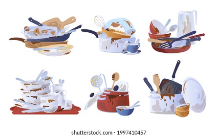 Collection of different dirty dishes vector flat illustration. Set of various empty crockery for washing and cleaning isolated on white. Ceramic and aluminum dishware with food spot. Household messy