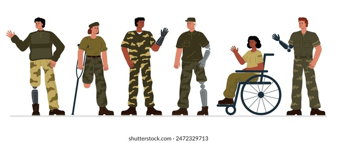 Una colección de diferentes personas discapacitadas con uniformes militares, soldados con prótesis, una mujer en silla de ruedas, un veterano sin una pierna con muletas.