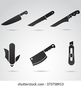 Collection of different, diverse kitchen knifes, axes, blades etc. Vector art.