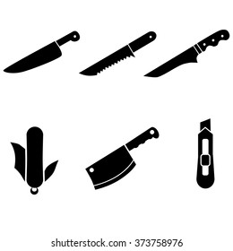 Collection of different, diverse kitchen knifes, axes, blades etc. Vector art.