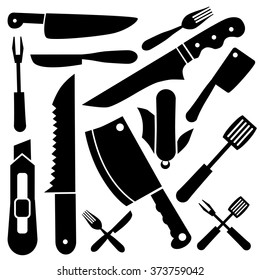 Collection of different, diverse kitchen knifes, axes, blades etc. Vector art.