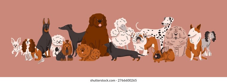 Collection of different dog breeds. Cute, funny pets. Domestic animal. Purebred dogs. Terrier, Spaniel, Chihuahua, Poodle, Newfoundland, Dachshund, Bulldog, Dalmatian, Doberman, Chow Chow.