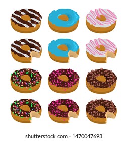 Collection of different donuts, with chocolate, crisps, cream, fondant. Isometric style.