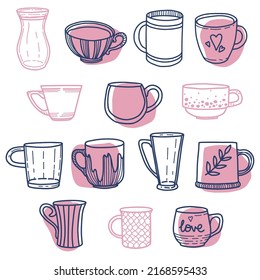 Collection of different doodle cups decorated with design elements. Vector set of colored mugs, filling drinks in pink and blue colors isolation on white background.