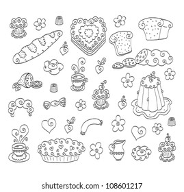 The collection of different doodle drawn  food, flowers and heart shapes.