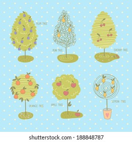 Collection of different doodle fruit trees. EPS 10. No transparency. No gradients.
