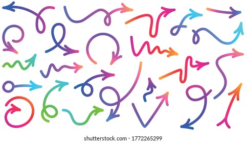 Collection of different doodle isolated arrows. Gradient multicolored arrows on white background. Vector cartoon illustration.
