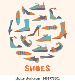 Collection of Different Doodle Shoes. Hand Drawn Illustration Isolated on White Background.