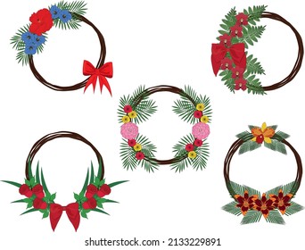 Collection of different door wreaths types decorated with summer flowers and plants vector illustration