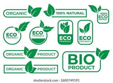 Collection of different eco icons isolated on a white background. Eco stamp collection. Eco label set 