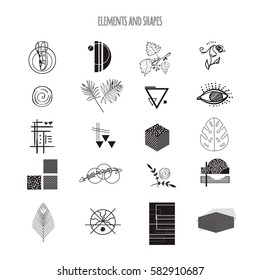 Collection of different elements and shapes. Trendy hipster icons and logotypes.Religion, philosophy, spirituality, nature modern symbols collection