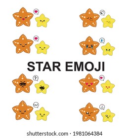 Collection of different emoji, an icon of cute star cartoon on white background vector illustration,
Orange and Yellow star with an open smile, angry showing upper teeth, crying, and normal emotions.
