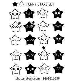 Collection of different emoticon icon of cute stars cartoon over white background vector illustration set