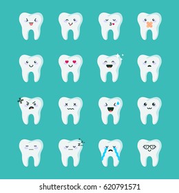 Collection of different emotion icon of Teeth icon on the green background vector illustration. Vector emoji set. Funny cartoon emoticons. ?1
