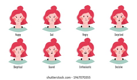 Collection of different emotions. Facial expressions of a woman with pink hair. Girl avatar. Vector illustration.