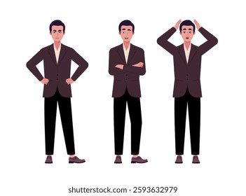 Collection of different emotions of man. Character is standing and getting angry, winking and expressing surprise. Vector set in a flat style