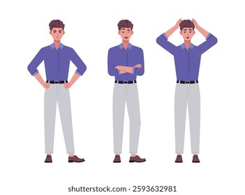 Collection of different emotions of man. Character is standing and getting angry, winking and expressing surprise. Vector set in a flat style