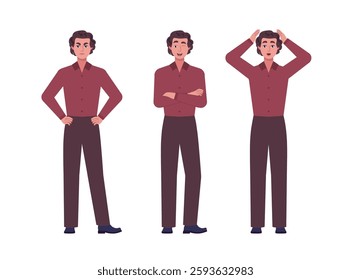 Collection of different emotions of man. Character is standing and getting angry, winking and expressing surprise. Vector set in a flat style