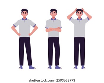 Collection of different emotions of man. Character is standing and getting angry, winking and expressing surprise. Vector set in a flat style