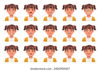 Collection of different emotions of a pretty girl with the genetic disease Down Syndrome. Expression on the face of a sunny child. Vector illustration in cartoon style.