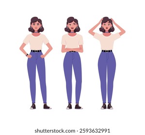 Collection of different emotions of woman. Character is standing and getting angry, winking and expressing surprise. Vector set in a flat style