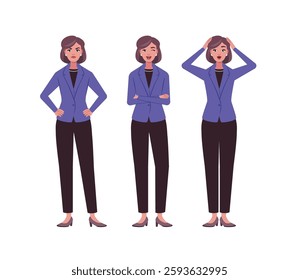 Collection of different emotions of woman. Character is standing and getting angry, winking and expressing surprise. Vector set in a flat style