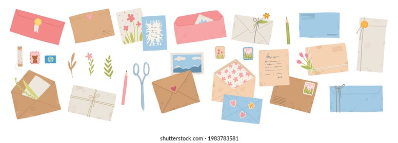 Collection of different envelopes with mail, postmarks and postcards vector flat, cartoon illustration. Set of various craft paper letters, stationery, sealing wax and handmade cards isolated on white