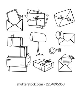 Collection of different envelopes with mail, postmarks, and postcards vector flat illustration. Set of various craft paper letters, boxes, mailbox, and handmade cards isolated. Outline style