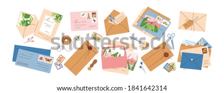 Collection of different envelopes with mail, postmarks and postcards vector flat illustration. Set of various craft paper letters, stationery, sealing wax and handmade cards isolated