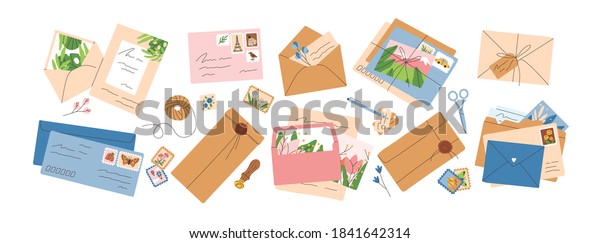Collection of\
different envelopes with mail, postmarks and postcards vector flat\
illustration. Set of various craft paper letters, stationery,\
sealing wax and handmade cards\
isolated