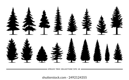 A collection of different evergreen tree silhouettes in black on a white background.