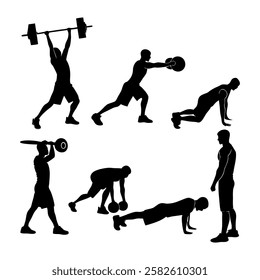 Collection of different exercise silhouettes with resistance bands, foam roller and push up bars. Easy editable layered vector illustration.